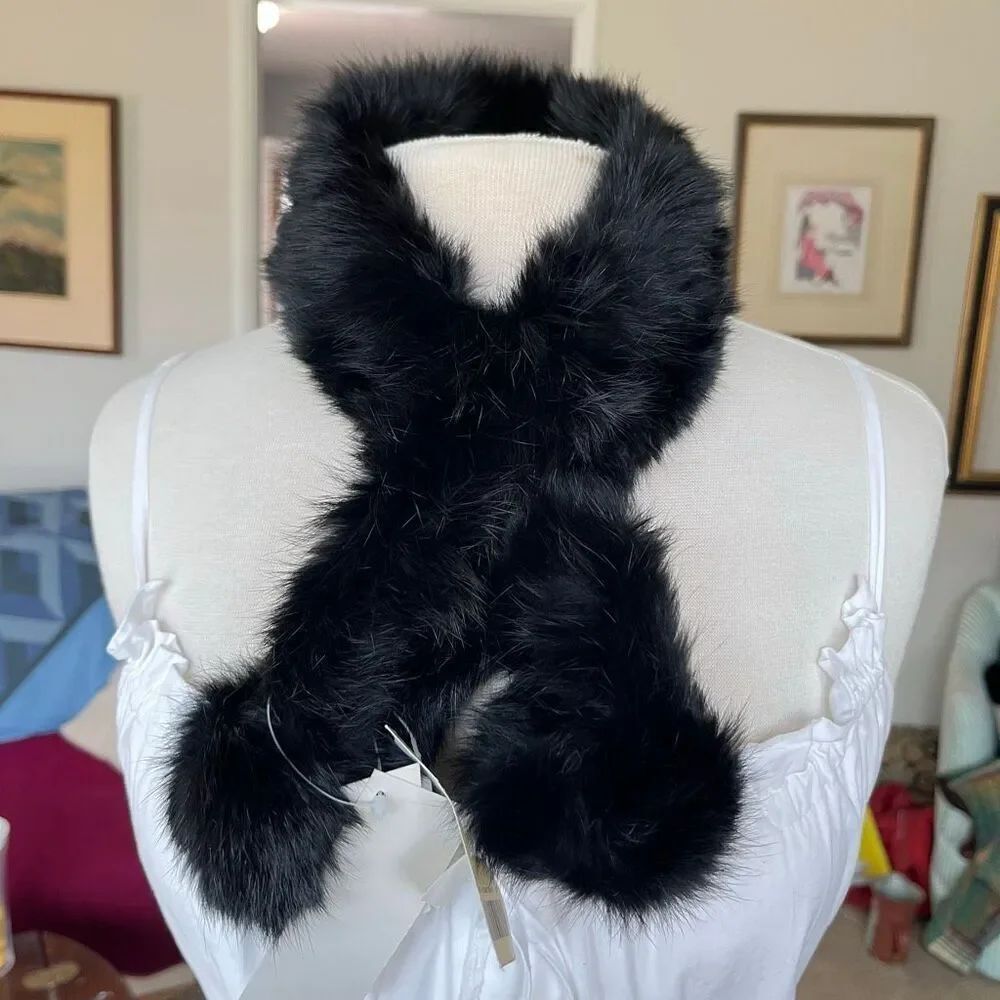 Rabbit Fur Scarf Black Pom Pom Collar Wrap Vintage Glam Statement